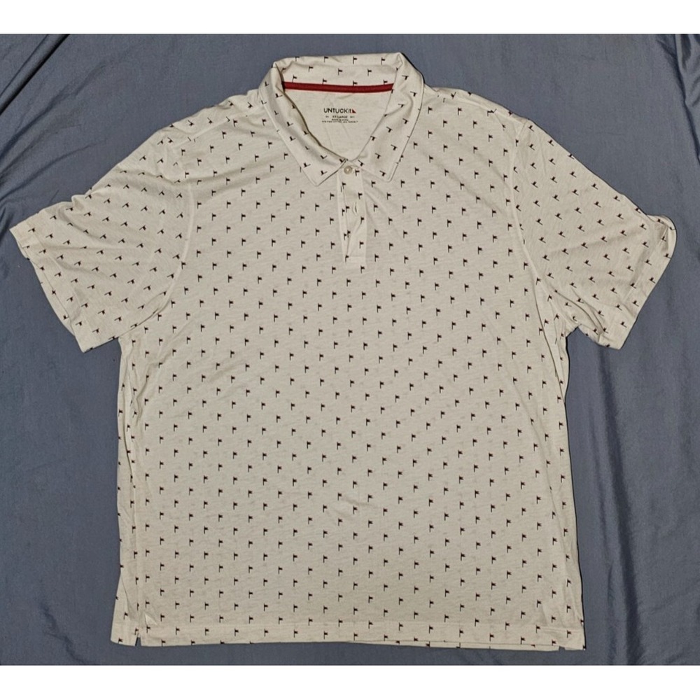 UNTUCKIT MENS 2XL WHITE FLAG PRINT PIMA COTTON BLEND POLO SHIRT